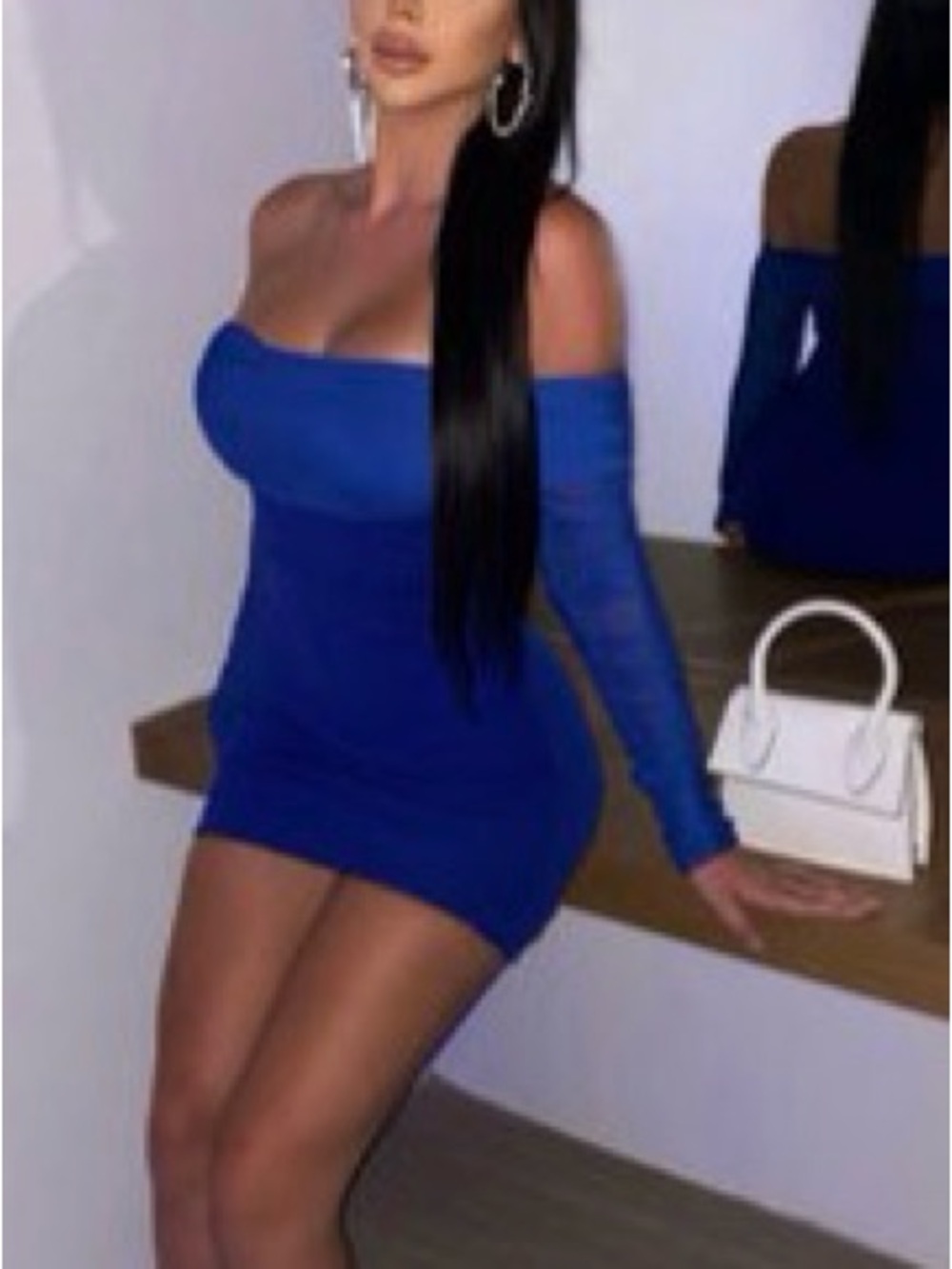 Fashion Nova Off-Shoulder Bodycon Mini Dress in Blue